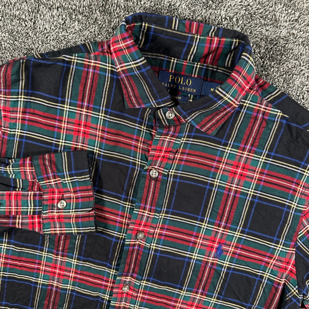 Polo Ralph Lauren Shirt Mens M Slim Fit Black Red Green Plaid Button Down Pony